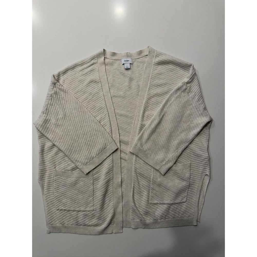 Old Navy Open Front Cardigan Women's L Beige Cotton Blend Textured Knit 3/4